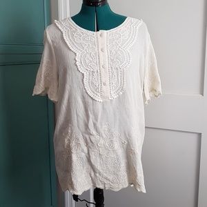 Cream embroidered short sleeve tunic top